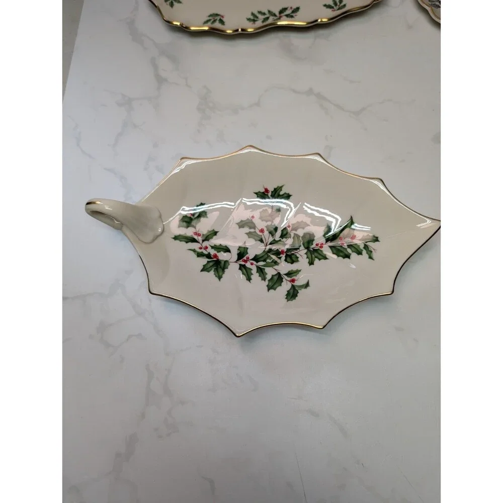 Lenox Holiday 4 Pc Serving Tray Cake Plate Leaf Dish Cardinal Platter USA
